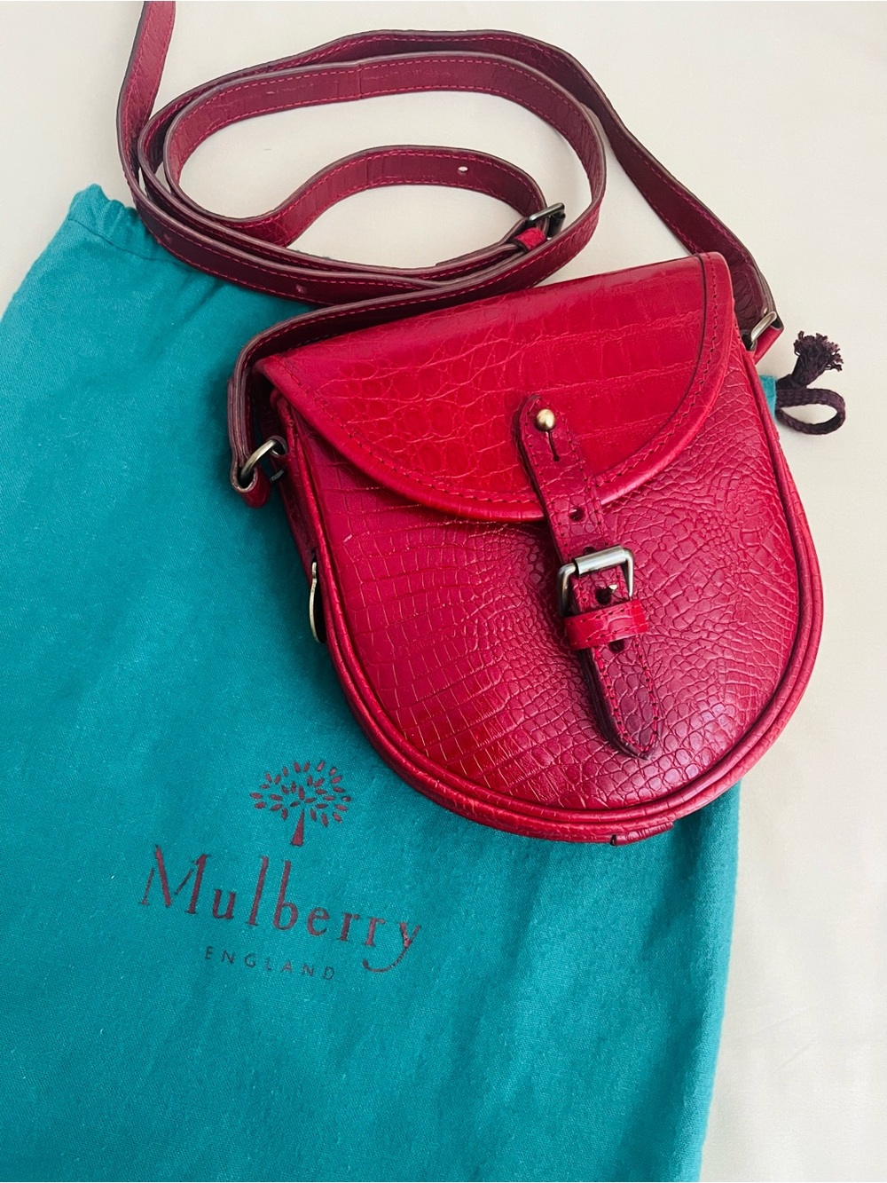 Mulberry Cherry Red Croc-Embossed Leather Saddle Crossbody